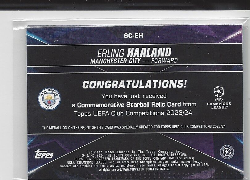 ERLING HAALAND 2023-24 TOPPS CLUB COMPETITIONS UCL STARBALL RELIC PATCH