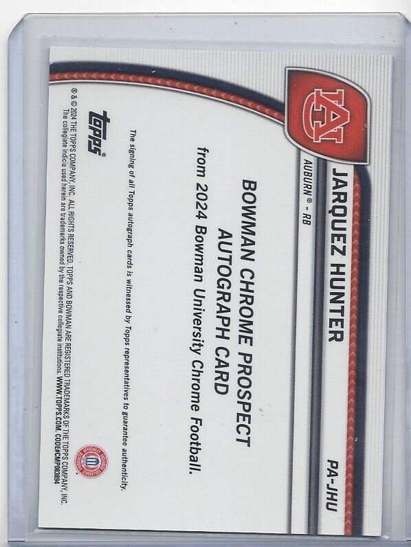 JARQUEZ HUNTER 20224 BOWMAN CHROME UNIVERSITY 1ST AUBURN STEALTH REFRACTOR AUTO