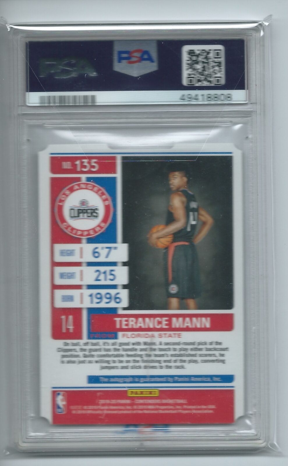 TERANCE MANN 2019-20 CONTENDERS ROOKIE TICKET STUB DIE CUT AUTO RC #D /14 PSA 9
