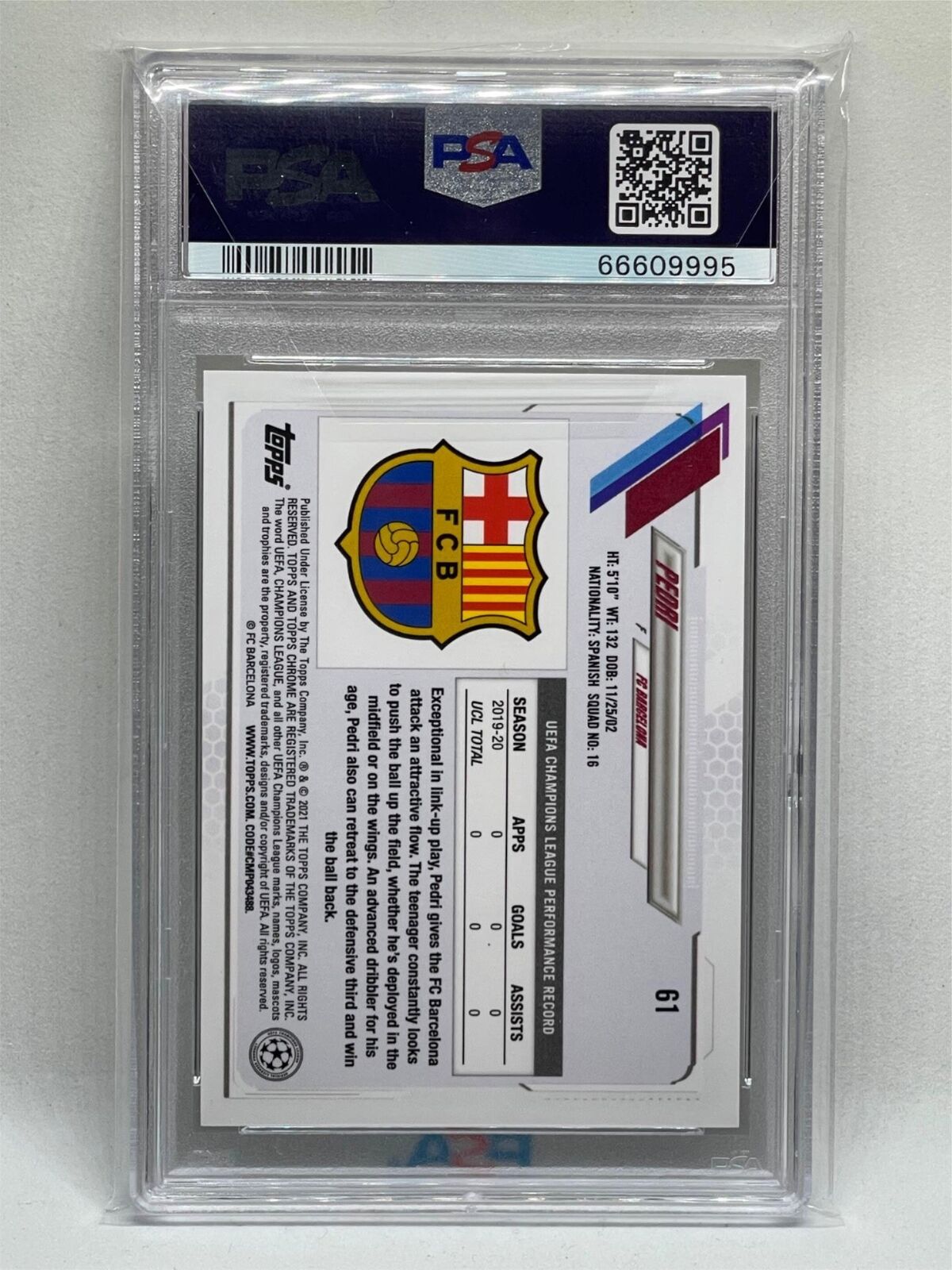 PEDRI 2020 TOPPS CHROME UCL SPECKLE REFRACTOR ROOKIE RC #61 PSA 9 MINT