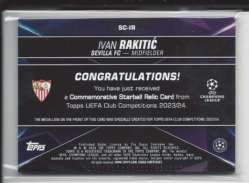 IVAN RAKITIC 2023-24 TOPPS CLUB COMPETITIONS UCL STARBALL RELIC PATCH
