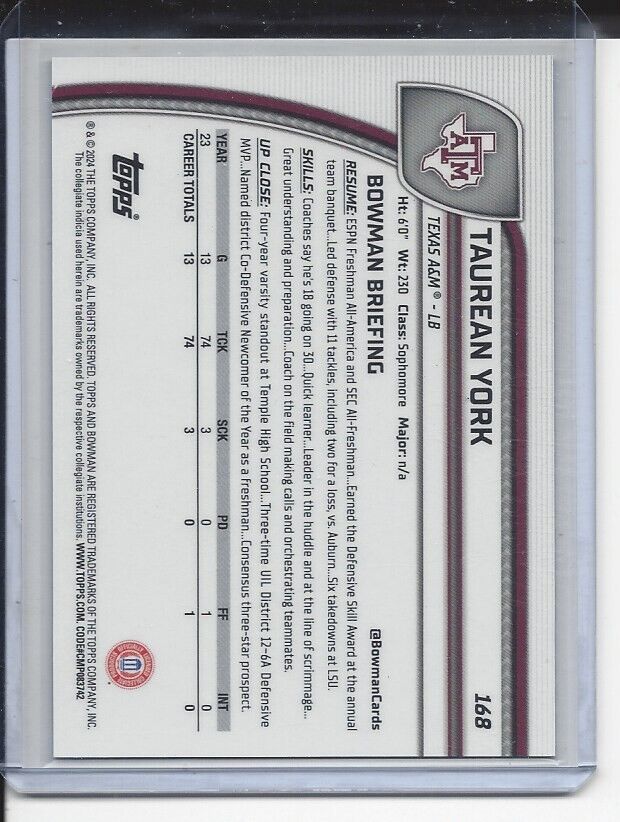 TAUREAN YORK 2024 BOWMAN CHROME UNIVERSITY BLACK WHITE STEALTH REFRACTOR /48