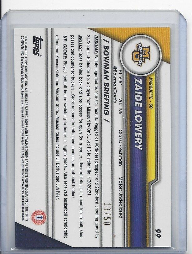 ZAIDE LOWERY 2023-24 BOWMAN CHROME UNIVERSITY 1ST GOLD SHIMMER REFRACTOR #D /50