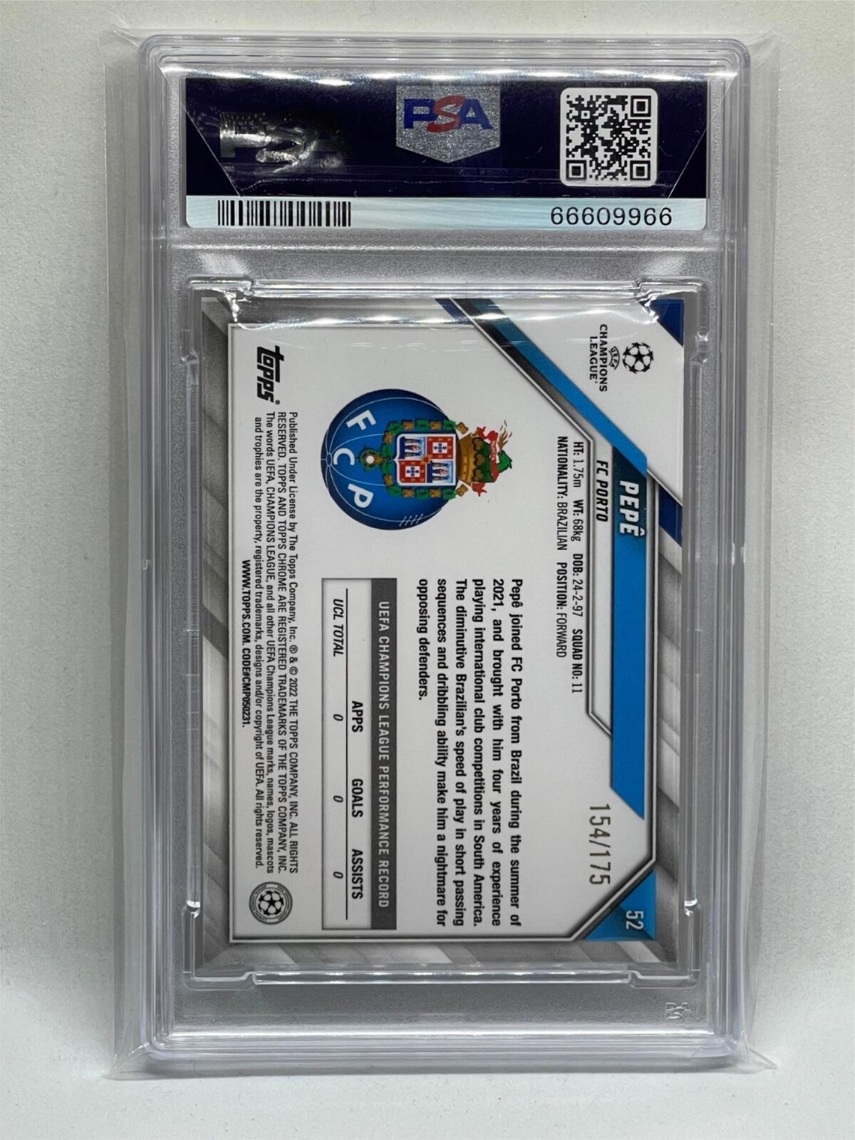 PEPE 2021-22 TOPPS CHROME UCL PINK REFRACTOR ROOKIE RC #D 154/175 PSA 9 POP 1/1