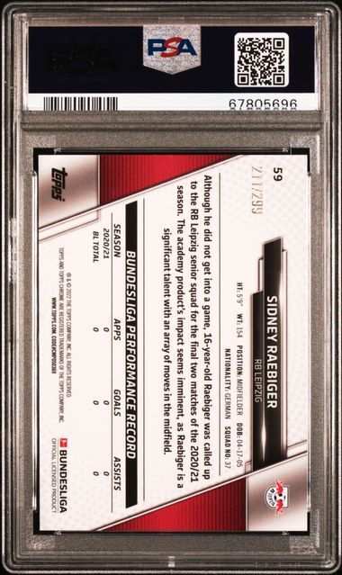 SIDNEY RAEBIGER 2021 TOPPS CHROME BUNDESLIGA PURPLE WAVE REFRACTOR RC /299 PSA 9