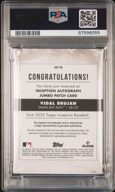 VIDAL BRUJAN 2022 TOPPS INCEPTION BLUE JUMBO PATCH AUTO RC 2/10 PSA 10 POP 1/1