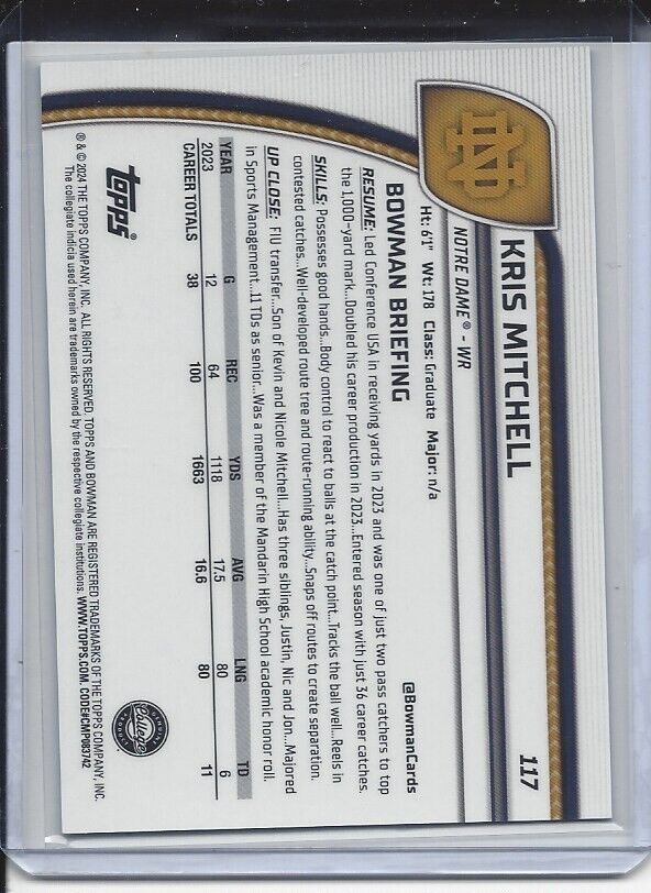 KRIS MITCHELL 2024 BOWMAN CHROME UNIVERSITY 1ST NOTRE DAME AQUA REFRACTOR /299