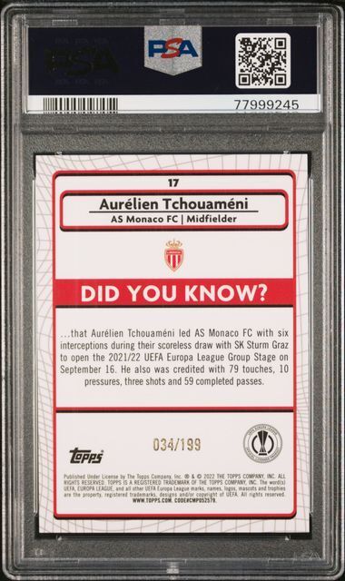 AURELIEN TCHOUAMENI 2021-22 TOPPS MERLIN UEFA AQUA REFRACTOR RC /199 PSA 9 MINT