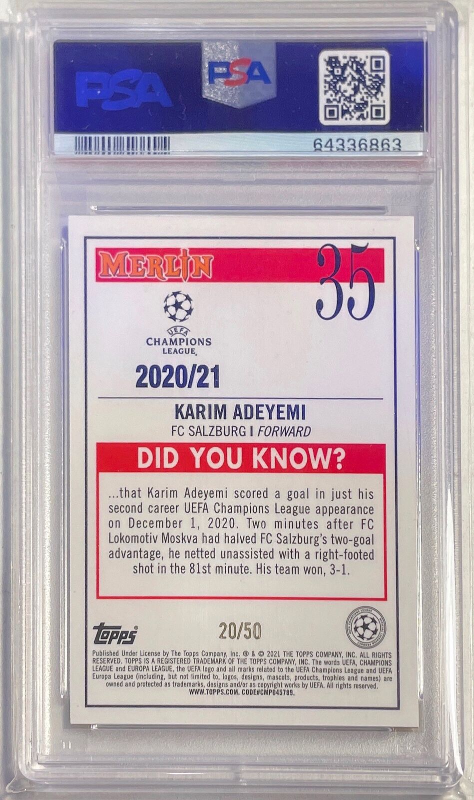KARIM ADEYEMI 2020-21 MERLIN CHROME GOLD REFRACTOR RC #D 20/50 PSA 9 MINT POP 10