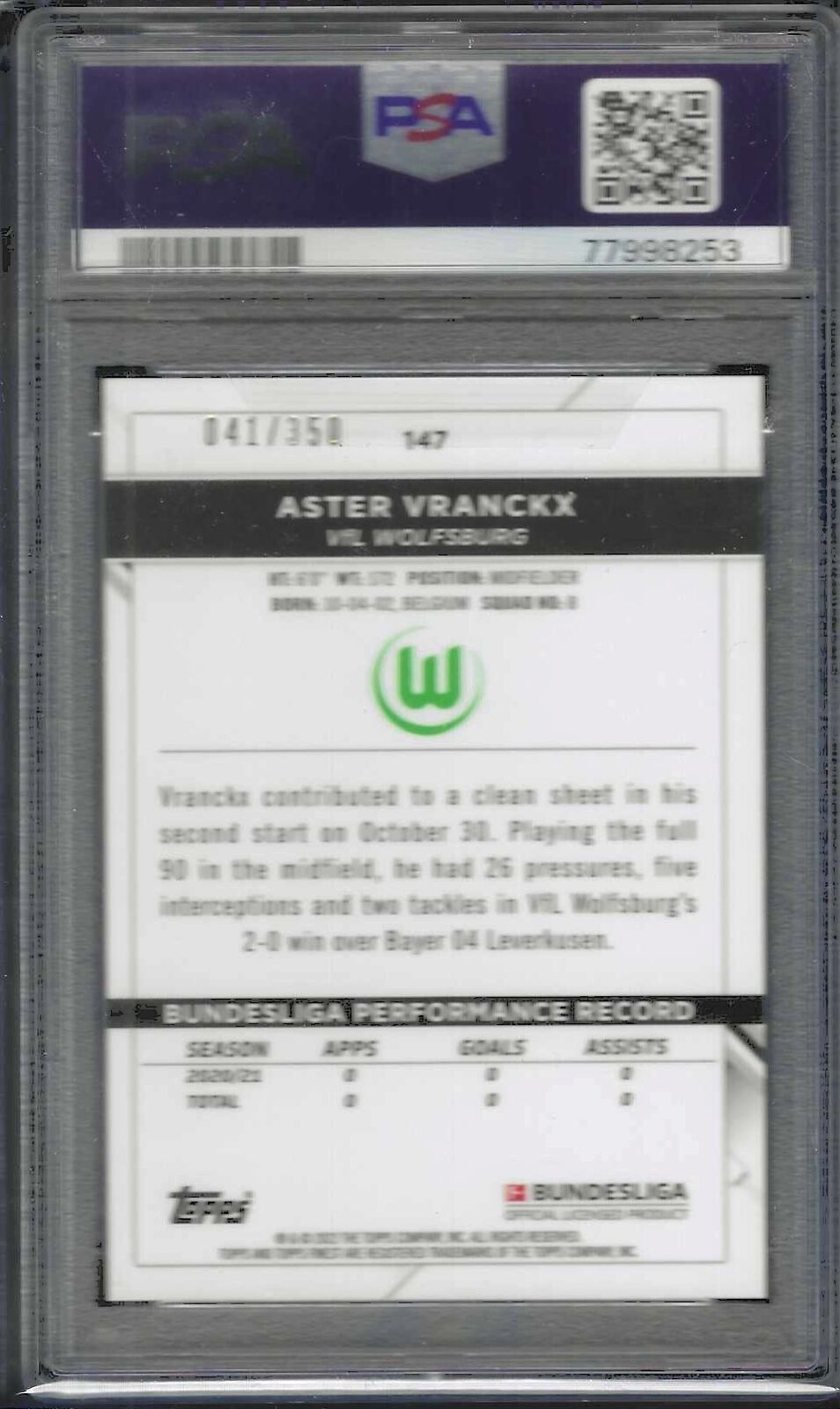 ASTER VRANCKX 2021-22 FINEST BUNDESLIGA YELLOW REFRACTOR RC /350 PSA 10 POP 1/1