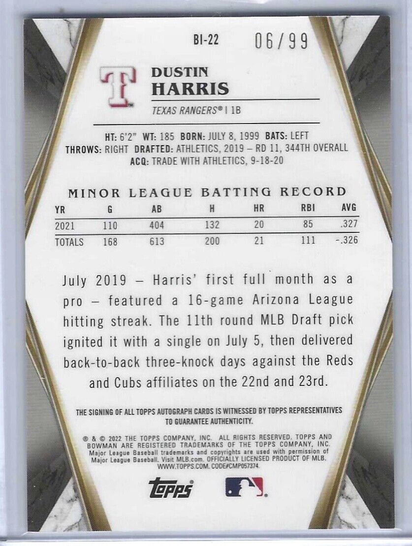 DUSTIN HARRIS 2022 BOWMAN CHROME INVICTA REFRACTOR PROSPECT AUTO #D 06/99