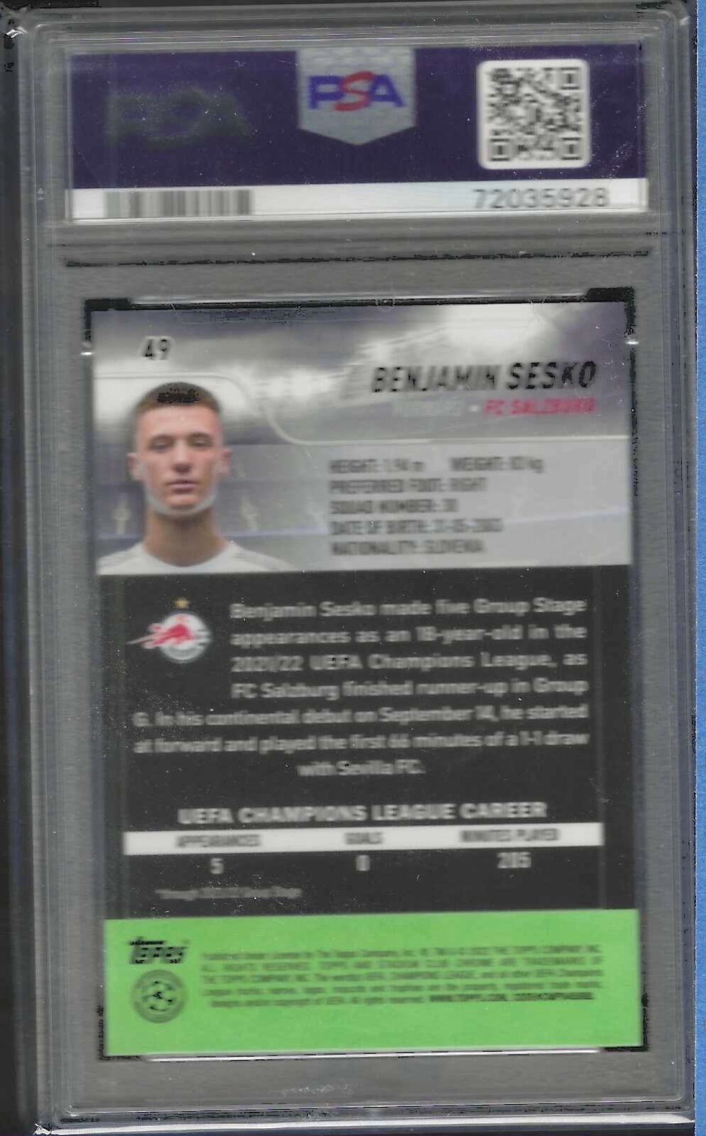 BENJAMIN SESKO 2021-22 TOPPS STADIUM CLUB SILVER VARIATION SSP RC #49 PSA 10