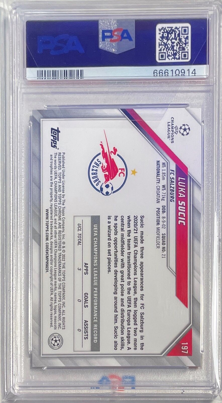 LUKA SUCIC 2021-22 TOPPS CHROME UCL ROOKIE RC #197 PSA 10 GEM MINT POP 6