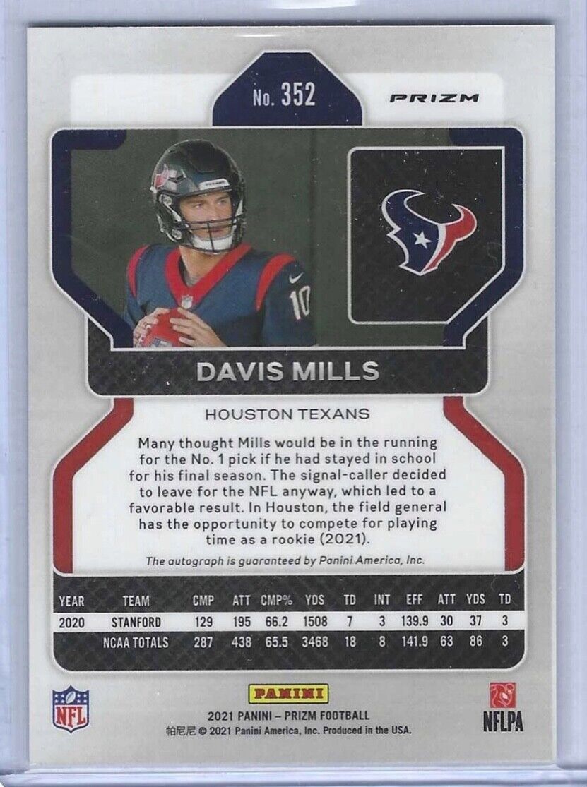 DAVIS MILLS 2021 PANINI PRIZM SILVER PRIZM ROOKIE AUTO RC #352