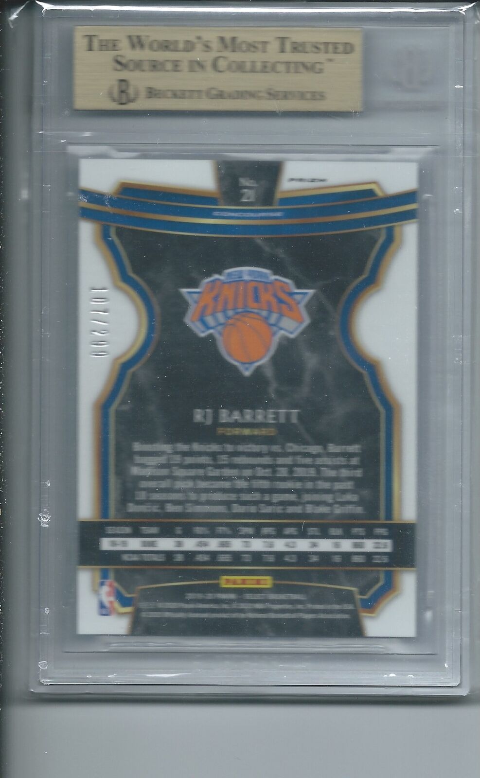 RJ BARRETT 2019-20 PANINI SELECT LIGHT BLUE PRIZM RC #D 107/299 BGS 9.5 GEM MINT