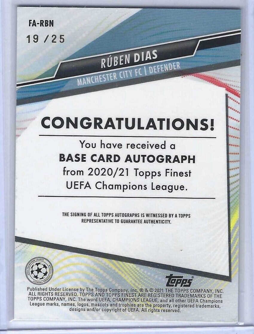 RUBEN DIAS 2020-21 TOPPS FINEST UCL ORANGE REFRACTOR AUTO #D 19/25
