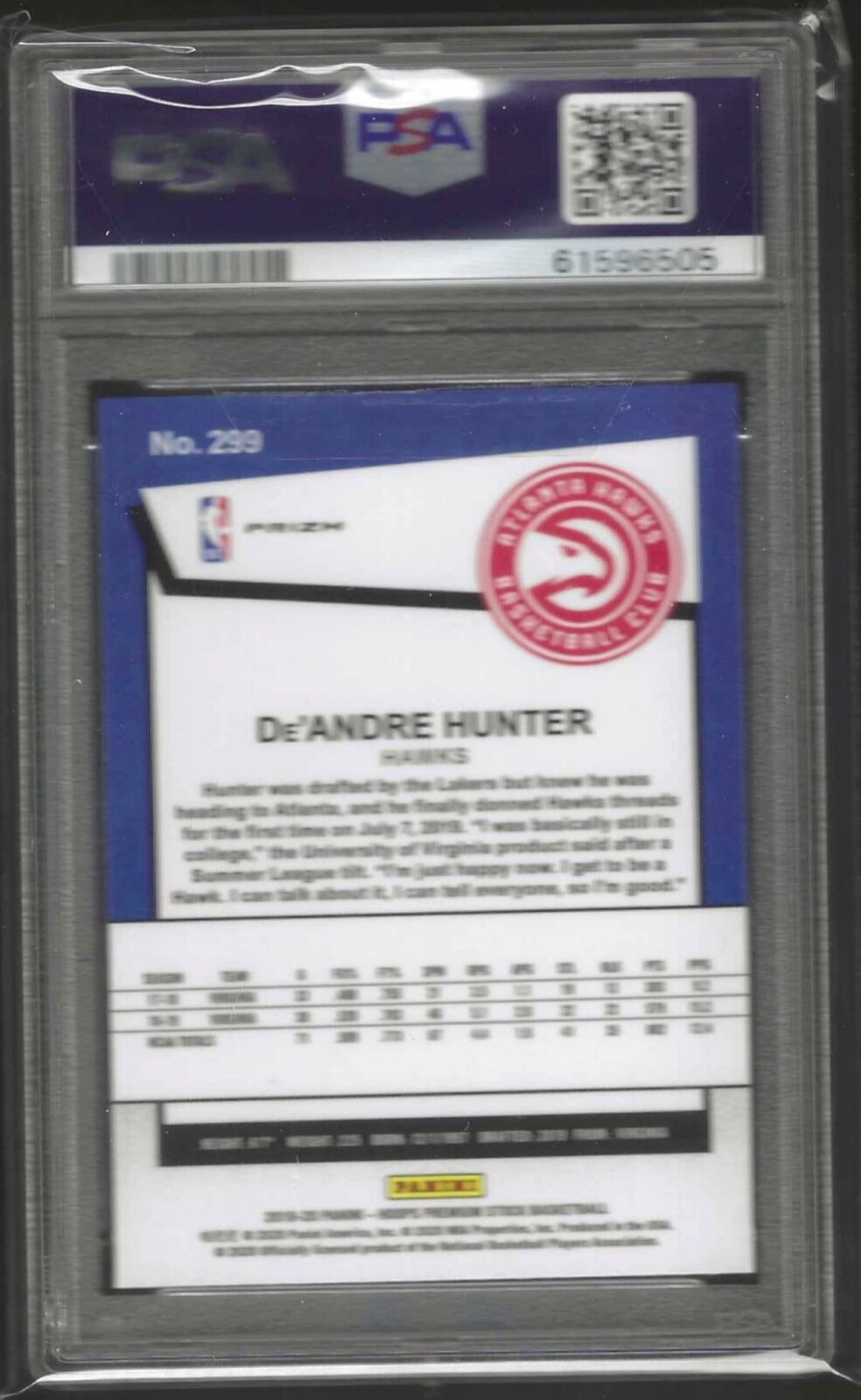 DE'ANDRE HUNTER 2019-20 PANINI HOOPS PREMIUM STOCK SILVER LASER RC #299 PSA 10