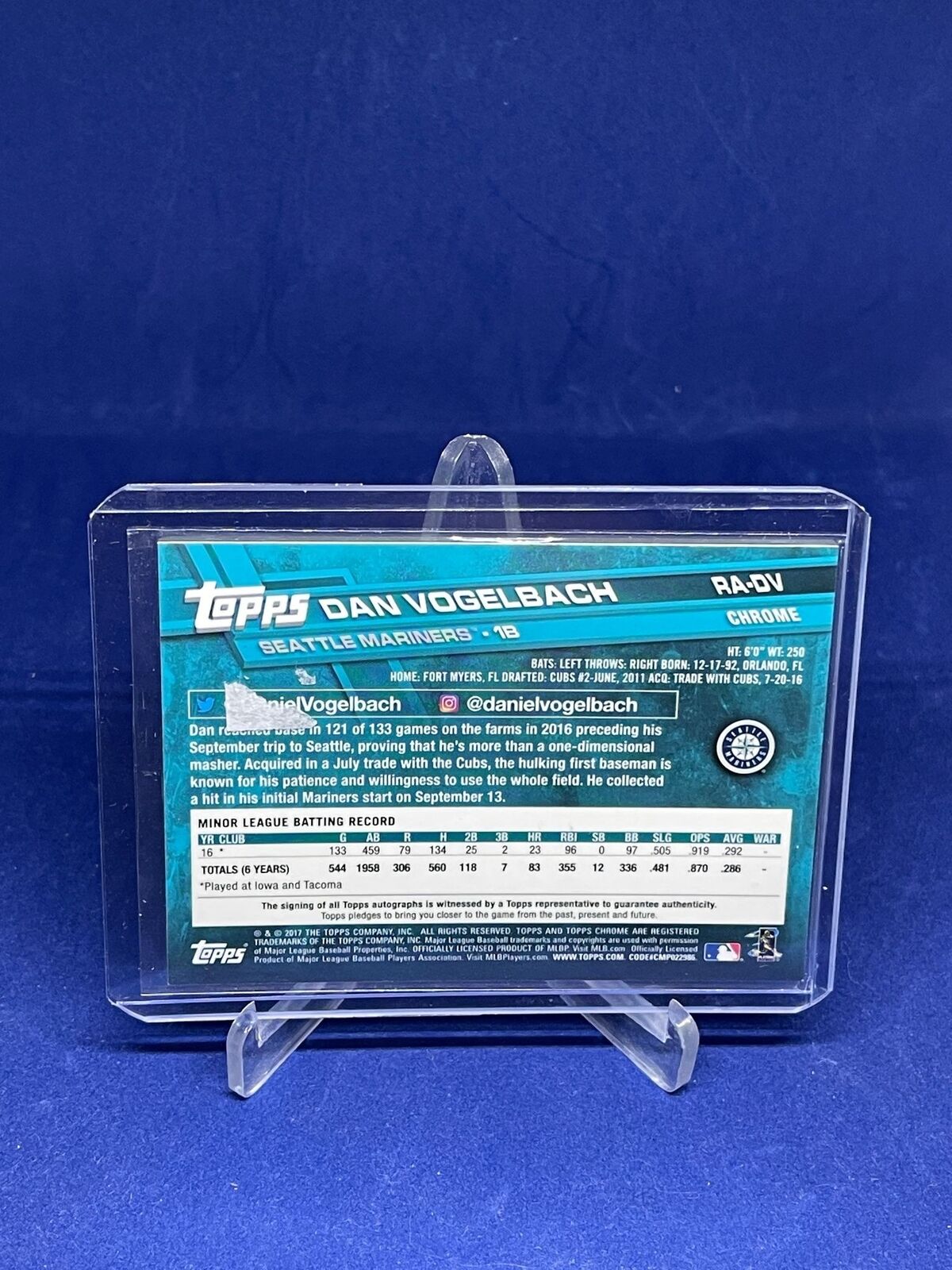 DAN VOGELBACH 2017 TOPPS CHROME ON CARD AUTO ROOKIE RC