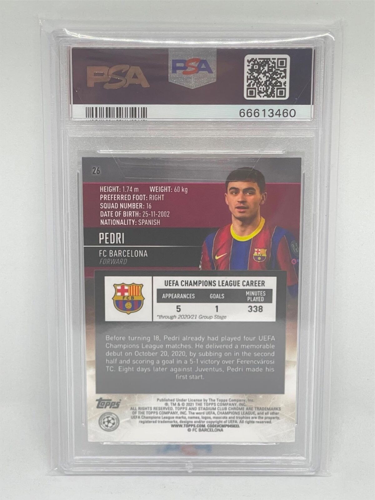 PEDRI 2020-21 TOPPS STADIUM CLUB CHROME UCL #26 ROOKIE RC PSA 10 GEM MINT