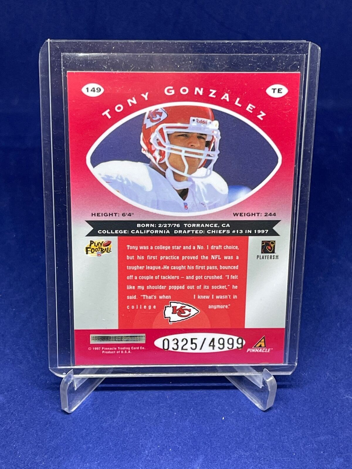 TONY GONZALEZ 1997 PINNACLE TOTALLY CERTIFIED ROOKIE RC W/ COATING #D 325/4999