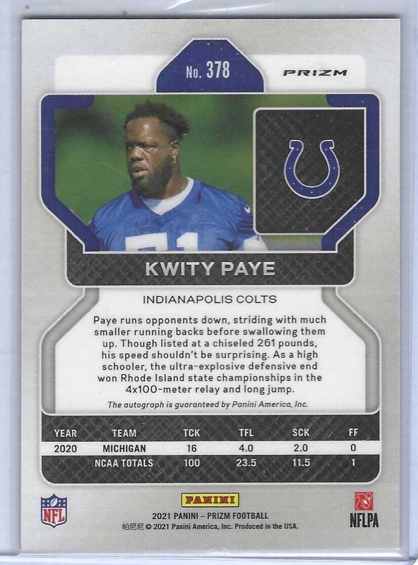 KWITY PAYE 2021 PANINI PRIZM PINK PRIZMS ROOKIE AUTO RC #378