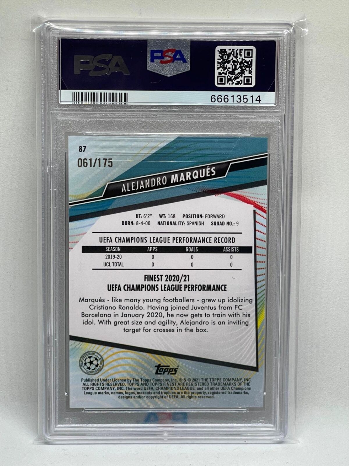 ALEJANDRO MARQUES 2020 TOPPS FINEST UCL SPECKLE REFRACTOR RC /175 PSA 9 POP 1/1