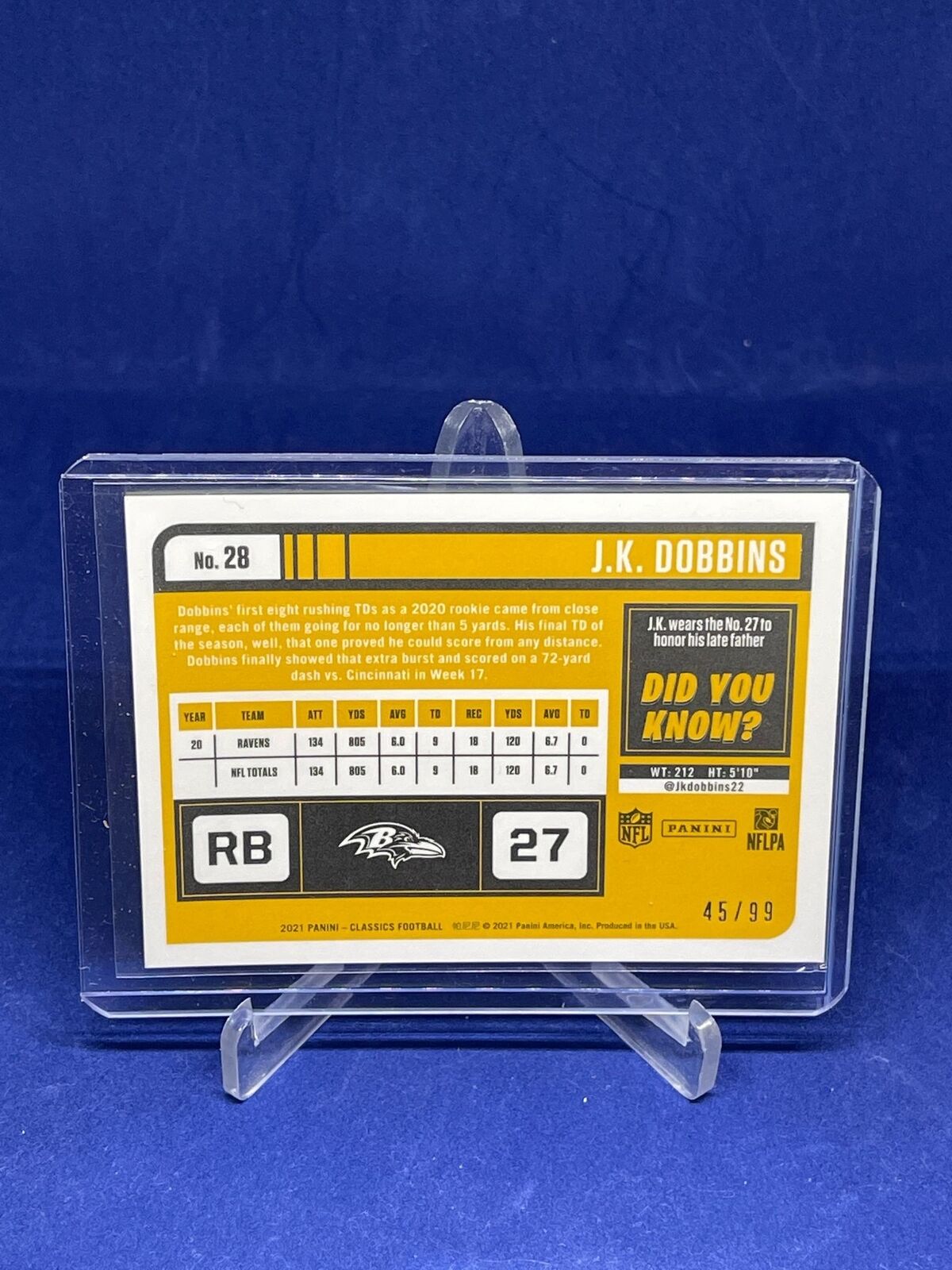 JK DOBBINS 2021 PANINI CLASSICS TIMELESS TRIBUTES GOLD PRIZM #D 45/99