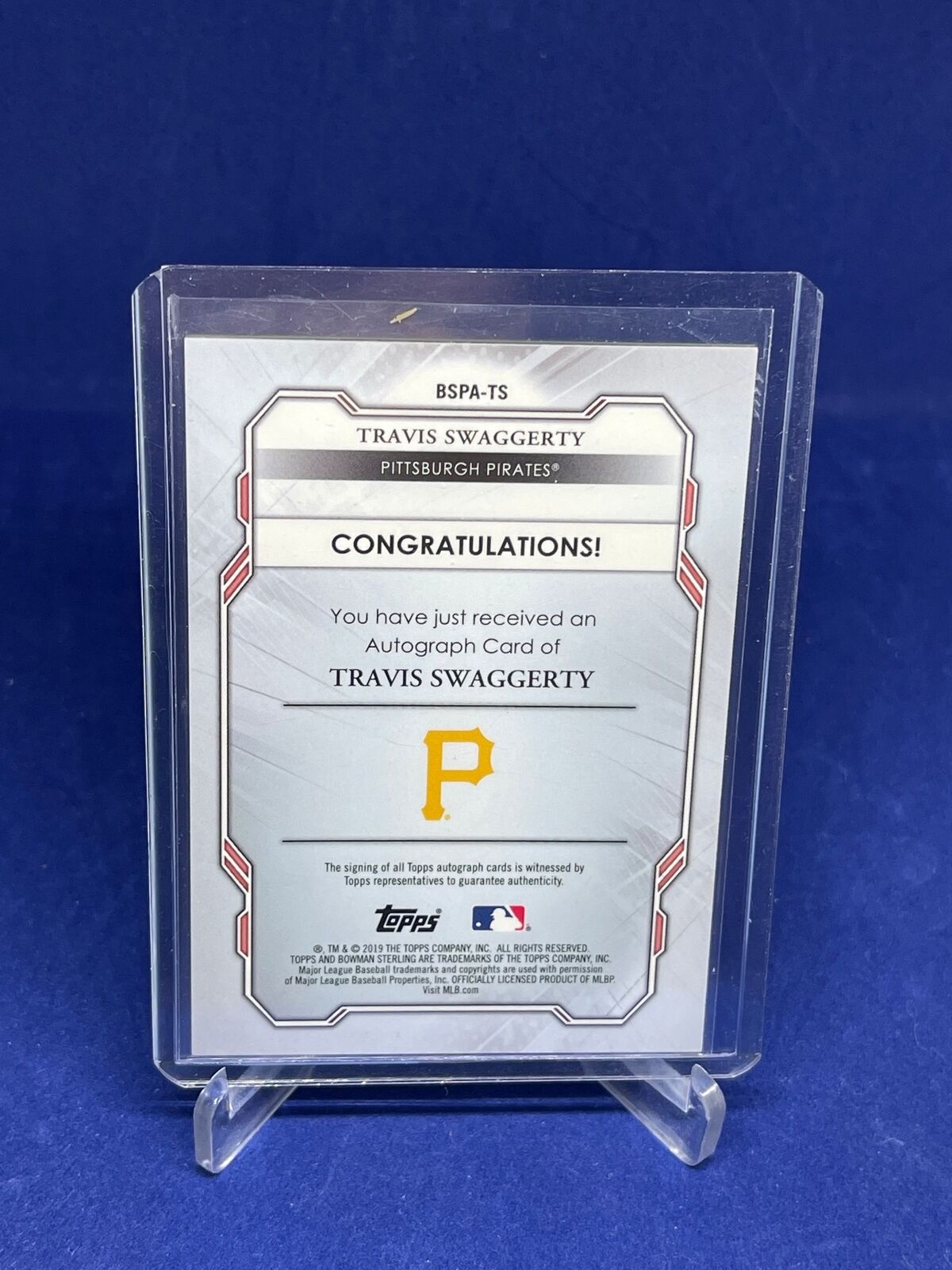 TRAVIS SWAGGERTY 2019 BOWMAN STERLING SPARKLE REFRACTOR AUTO PROSPECT #D 5/99