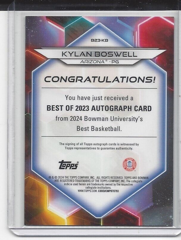 KYLAN BOSWELL 2023 BOWMANS BEST UNIVERSITY ARIZONA REFRACTOR AUTO #D 37/125