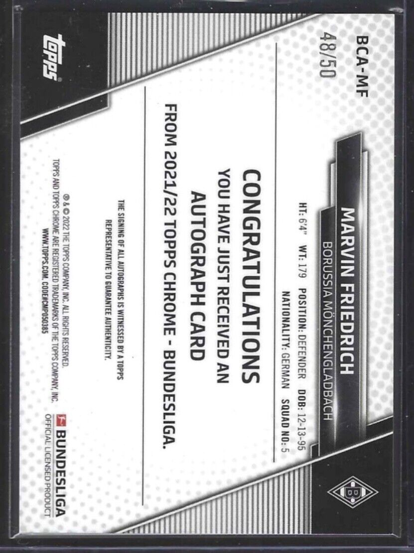 MARVIN FRIEDRICH 2021-22 TOPPS CHROME GOLD REFRACTOR AUTO #D 48/50