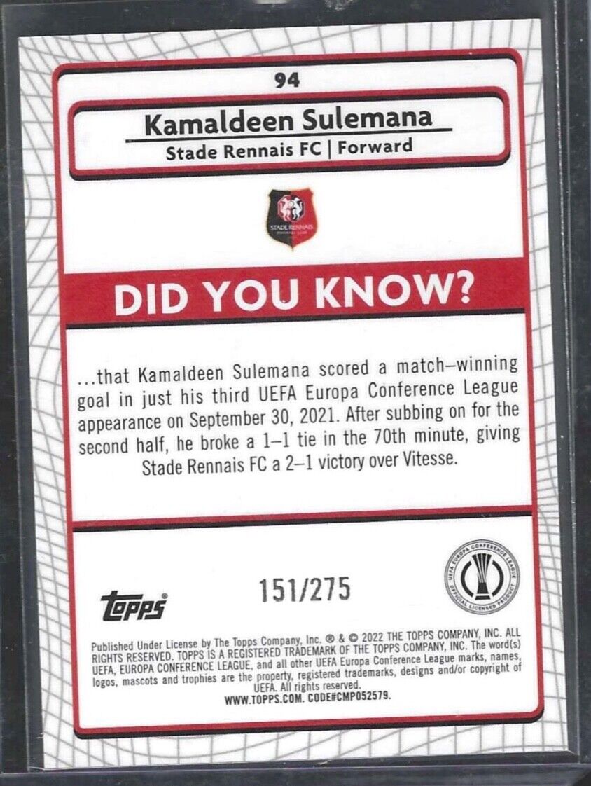 KAMALDEEN SULEMANA 2021-22 TOPPS MERLIN PINK MOJO REFRACTOR ROOKIE RC #D 151/275