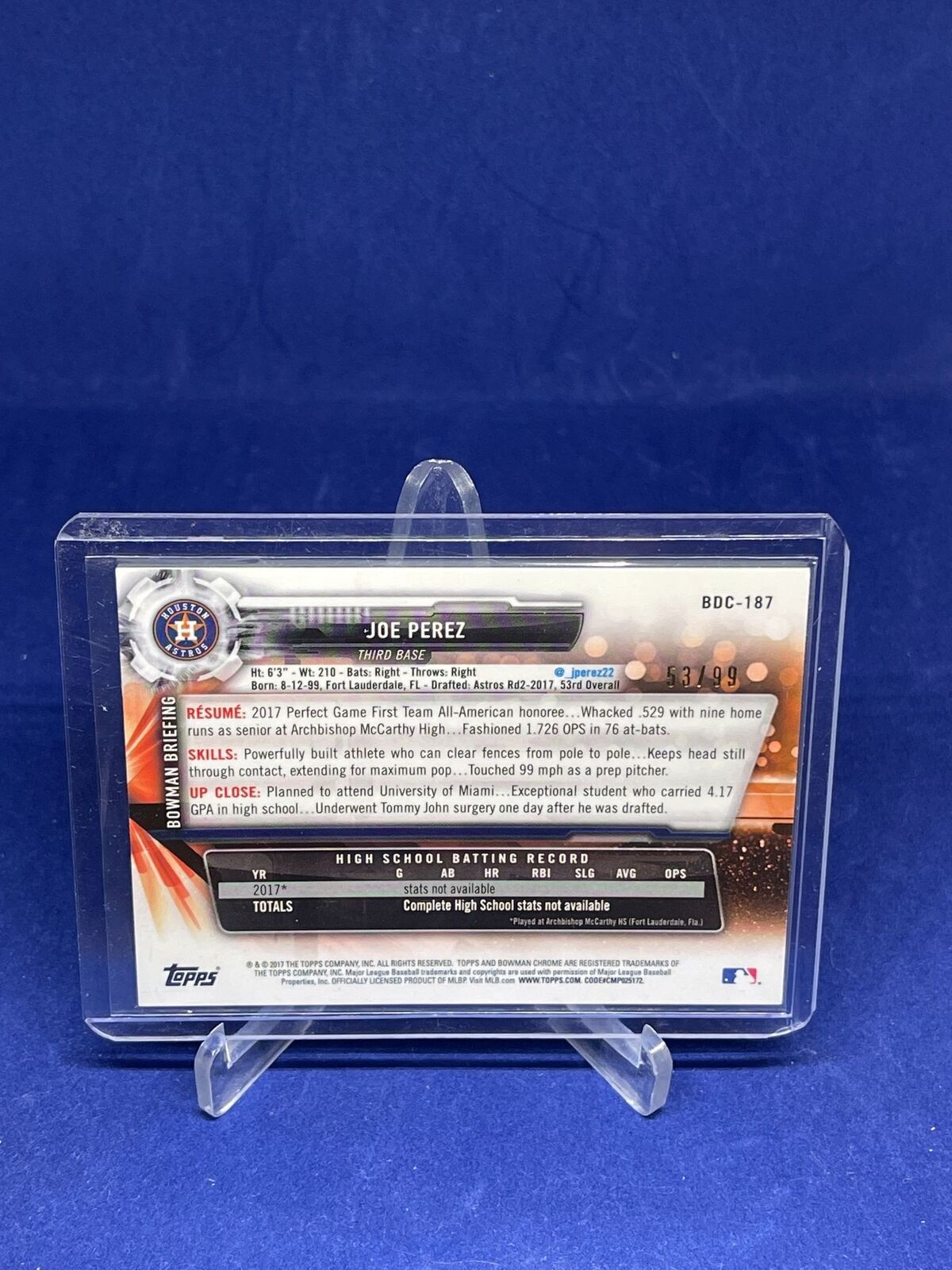 JOE PEREZ 2017 BOWMAN CHROME 1ST BOWMAN GREEN REFRACTOR PROSPECT #D 53/99