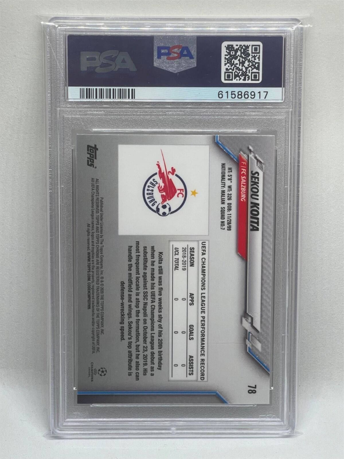 SEKOU KOITA 2019-20 TOPPS CHROME UCL #78 ROOKIE RC PSA 10 GEM MINT
