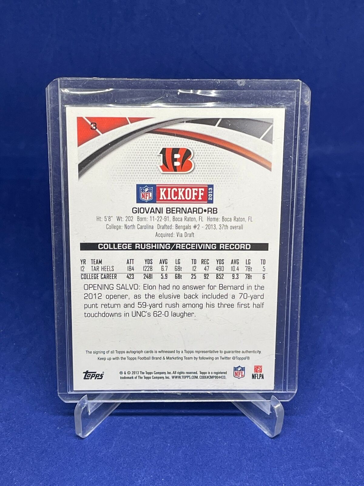 GIOVANI BERNARD 2013 TOPPS KICKOFF ROOKIE AUTO RC #D 64/79