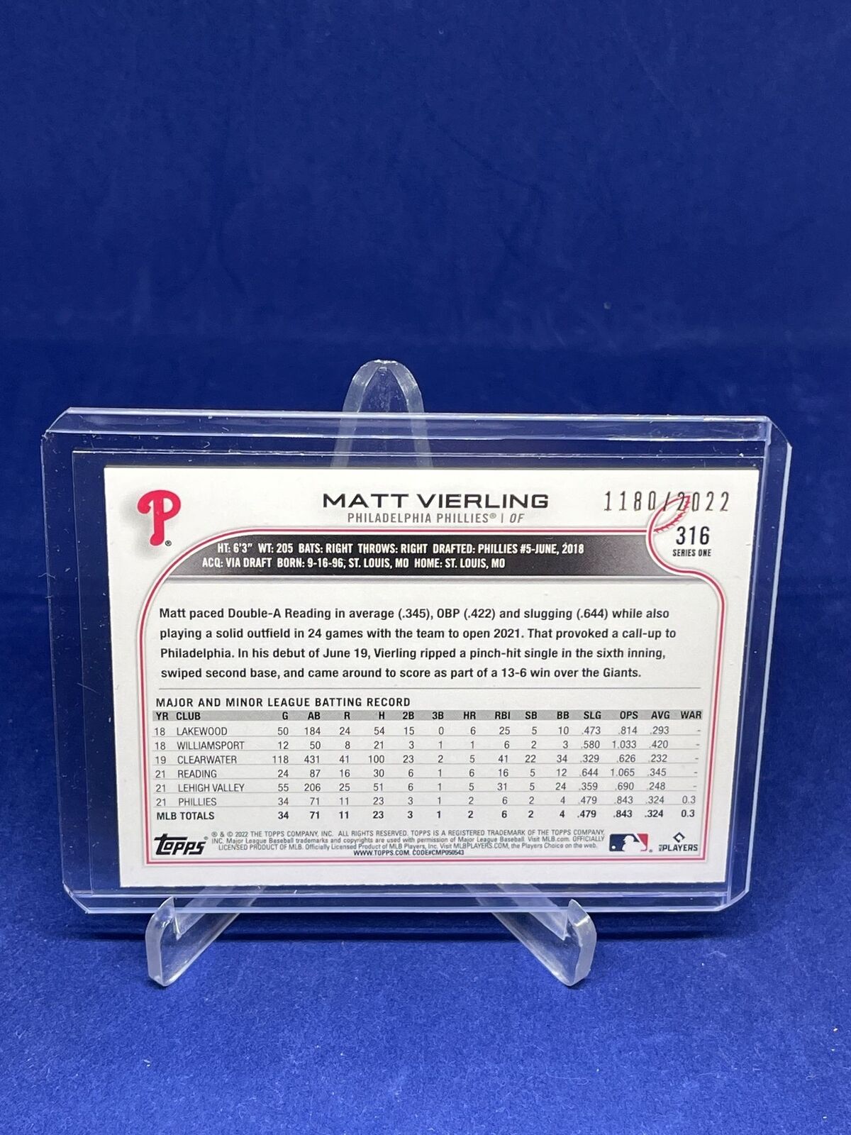 MATT VIERLING 2022 TOPPS SERIES ONE GOLD ROOKIE RC #D 1180/2022