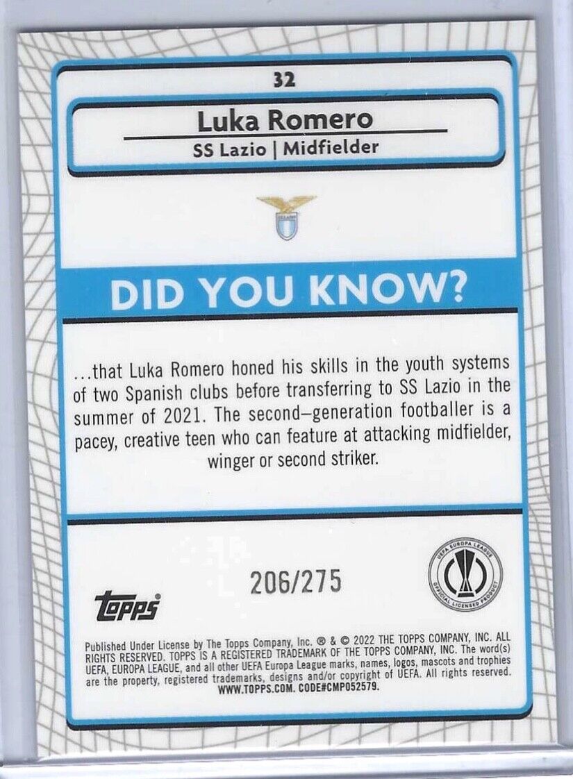 LUKA ROMERO 2021-22 TOPPS MERLIN PINK MOJO REFRACTOR ROOKIE RC #D 206/275