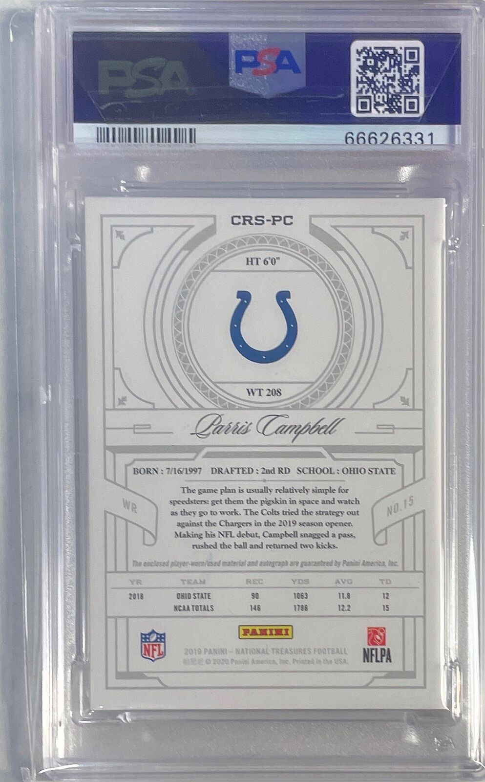 PARRIS CAMPBELL 2019 NATIONAL TREASURES PATCH AUTO RC #D 38/99 PSA 10 POP 1/1