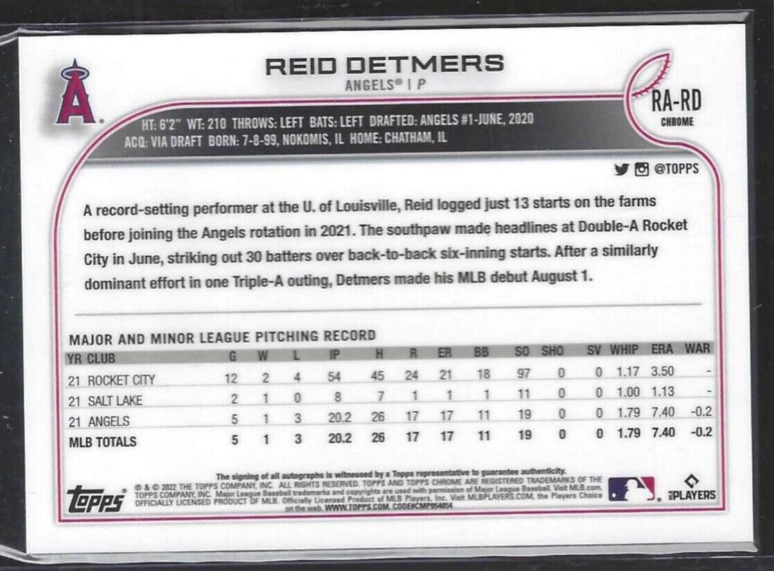 REID DETMERS 2022 TOPPS CHROME ON CARD ROOKIE AUTO RC #RA-RD