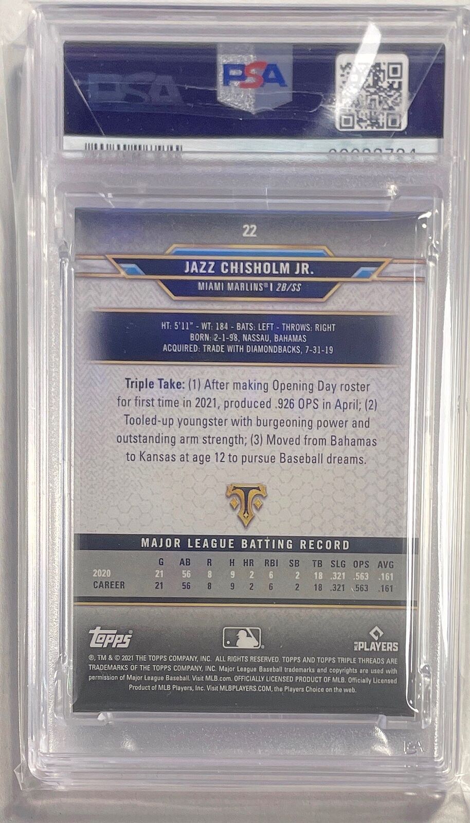 JAZZ CHISHOLM JR. 2021 TRIPLE THREADS TOURMALINE RC #D 109/125 PSA 10 GEM POP 2