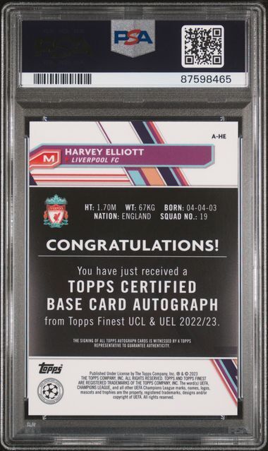 HARVEY ELLIOTT 2022-23 FINEST UEFA UCL REFRACTOR AUTO PSA 10 GEM MINT POP 1/1