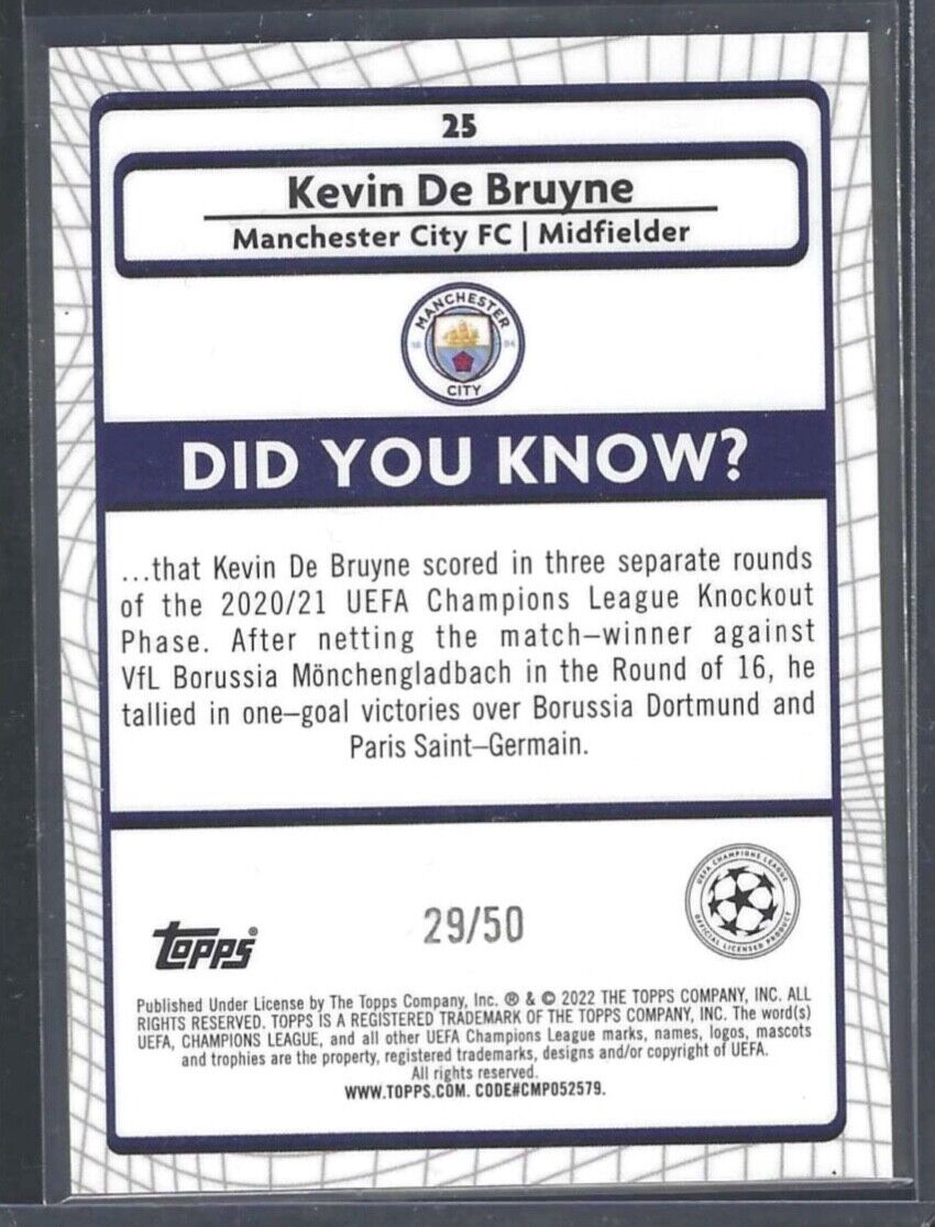 KEVIN DE BRUYNE 2021-22 TOPPS MERLIN GOLD ATOMIC ICE REFRACTOR #D 29/50