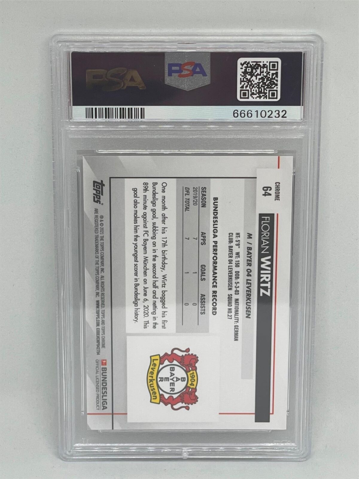 FLORIAN WIRTZ 2020-21 TOPPS CHROME BUNDESLIGA RC #64 PSA 10 GEM MINT