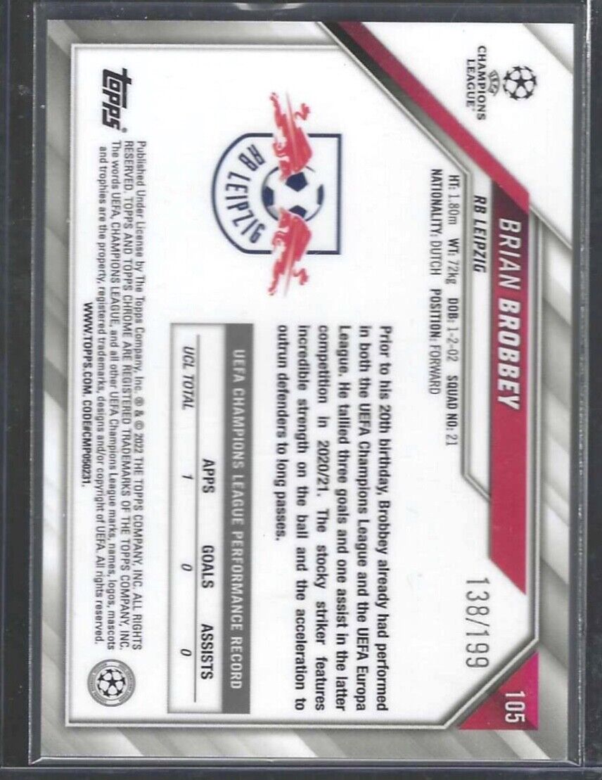 BRIAN BROBBEY 2021-22 TOPPS CHROME UCL AQUA WAVE REFRACTOR ROOKIE RC #D 138/199