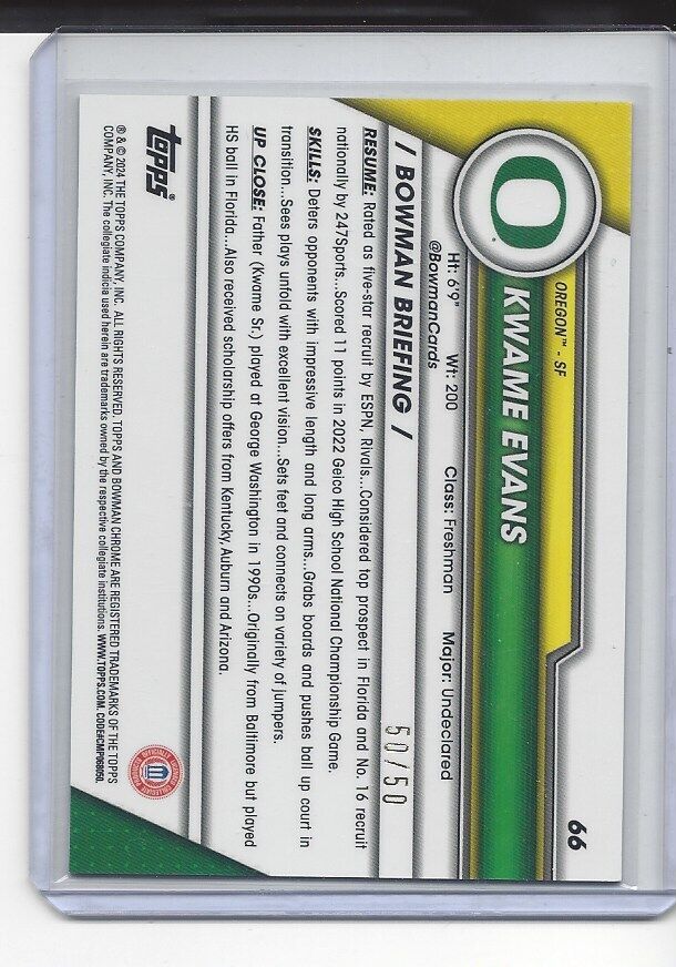 KWAME EVANS 2023-24 BOWMAN CHROME UNIVERSITY 1ST GOLD SHIMMER REFRACTOR #D 50/50