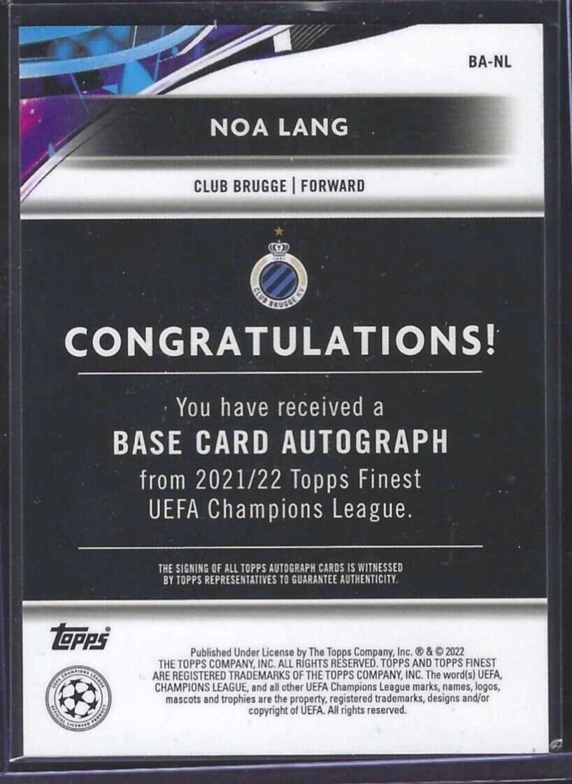 NOA LANG 2021-22 TOPPS FINEST SILVER REFRACTOR AUTO #BA-NL