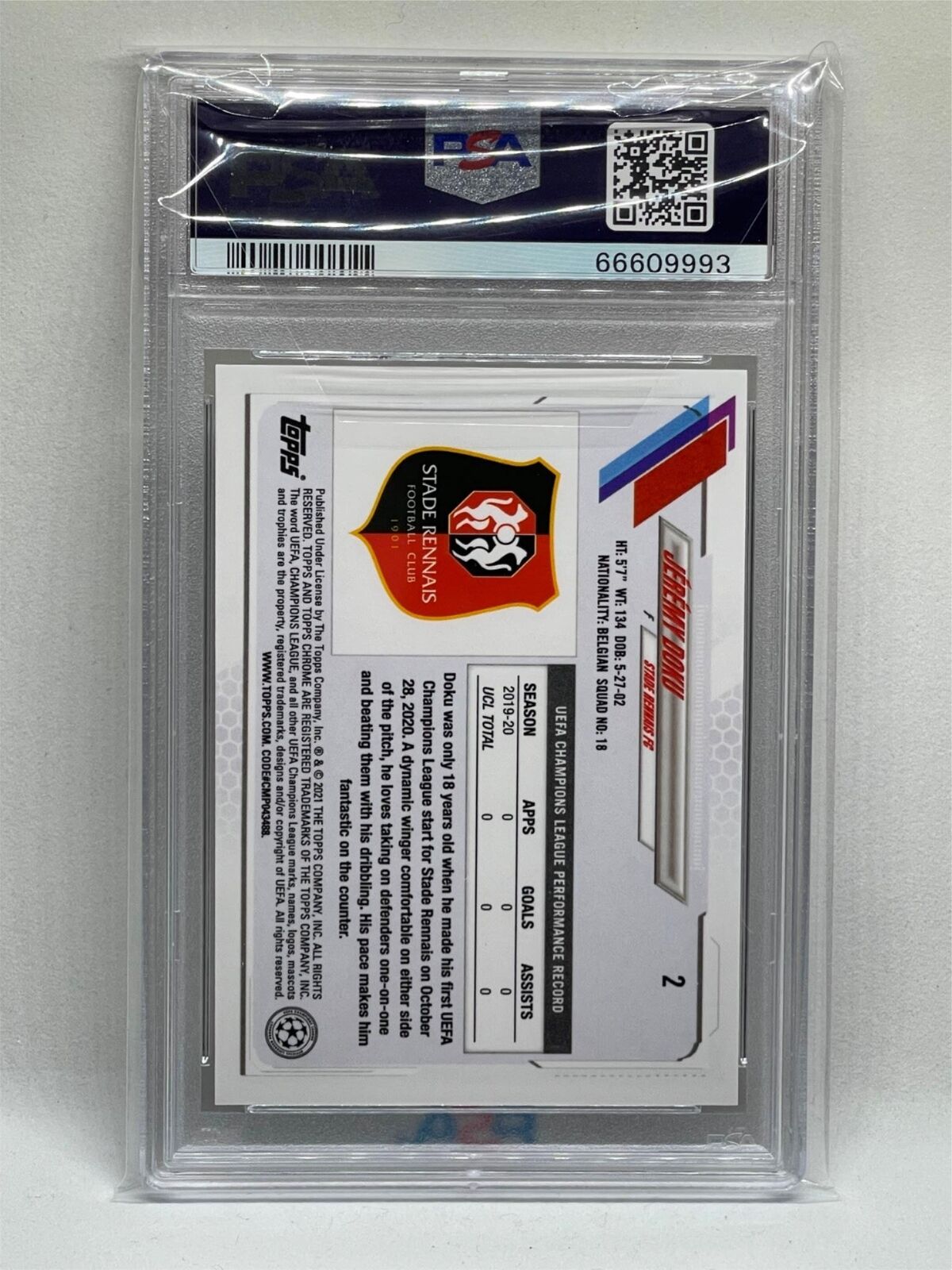 JEREMY DOKU 2020 TOPPS CHROME UCL SPECKLE REFRACTOR ROOKIE RC #2 PSA 9 POP 3
