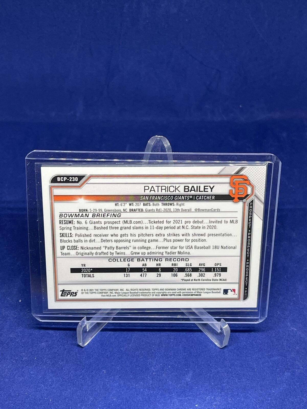 PATRICK BAILEY 2021 BOWMAN CHROME BLUE MEGA BOX MOJO REFRACTOR PROSPECT #D /150