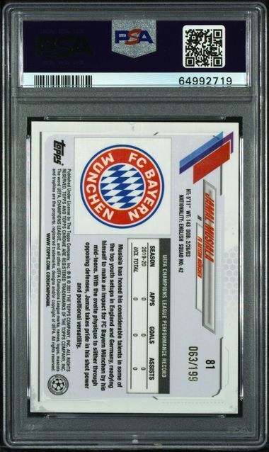 JAMAL MUSIALA 2020-21 TOPPS CHROME UCL AQUA ROOKIE REFRACTOR RC #D 63/199 PSA 8