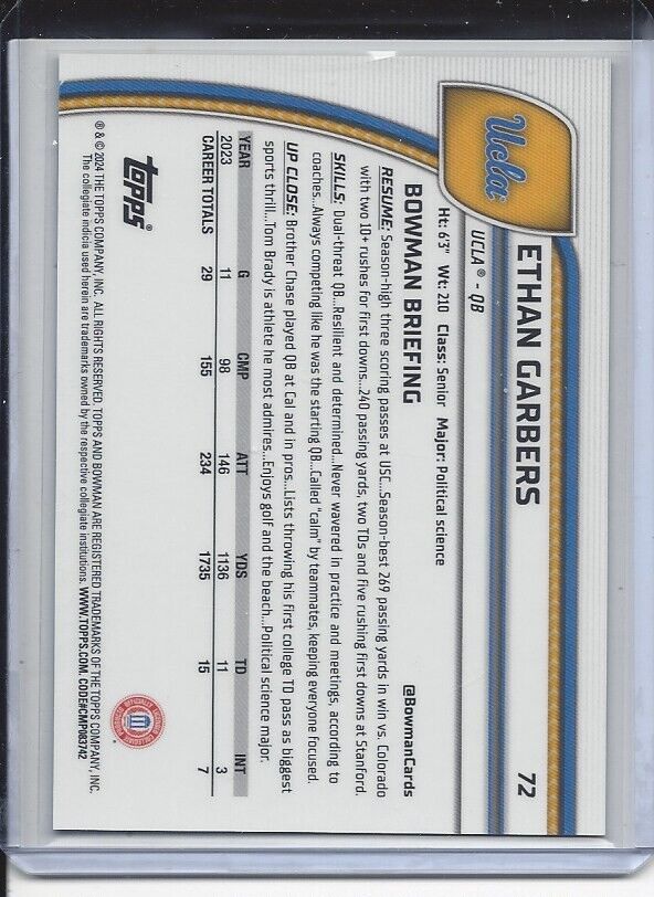 ETHAN GARBERS 2024 BOWMAN CHROME UNIVERSITY 1ST UCLA YELLOW REFRACTOR #D 69/75
