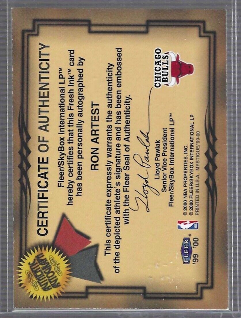 RON ARTEST 1999-00 FLEER MYSTIQUE FRESH INK AUTO